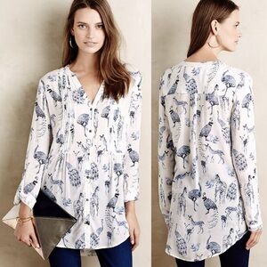 Maeve Anthropologie Fauna Animal Print Long Sleeve Pleated Button Front Tunic